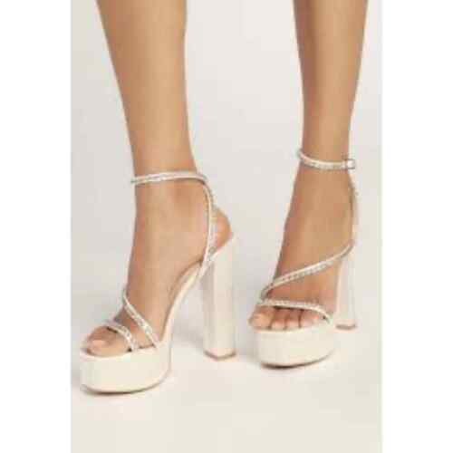 Lulu's Sinia Heels Ivory Satin Rhinestone Ankle Strap Platform Shoes Formal 8.5M - Picture 1 of 9