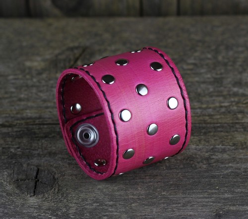rosa Lederarmband, Damenmanschette, Herrenarmband, Lederzubehör. - Bild 4 von 10