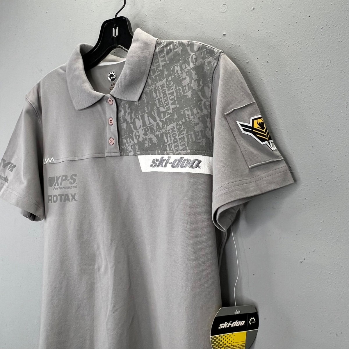 えま Ski Doo Team Polo Shirt size L Women Gray Short Sleeve Embroidered