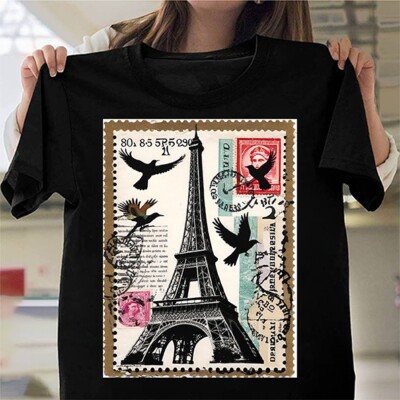 EIFFEL TOWER POSTAGE STAMP T-Shirt Vintage Paris France Travel Art Tee Top Gift