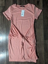 LILLUSORY Womens Front Wrap Short Sleeve Ruched T Shirt Dress Peach Coral Small