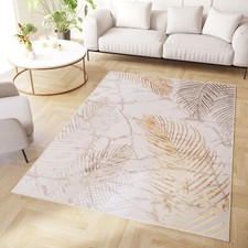 Teppich Kurzflor Gold Braun Palmenblätter Feder 3D Effekt Wohnzimmer ÖKOTEX