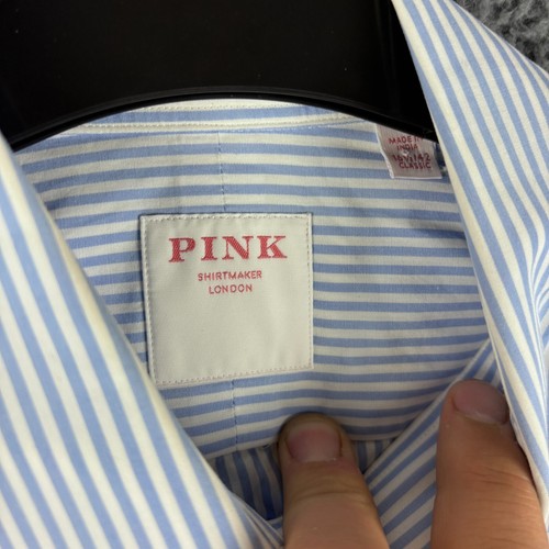 Thomas Pink Shirt Mens 16.5 Blue Striped Dress Formal Double French Cuffs Dinner - Picture 4 of 9