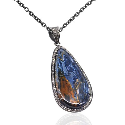 925 Sterling Silver Black Rhodium Natural Pave Diamond Pietersite Lovely Pendant