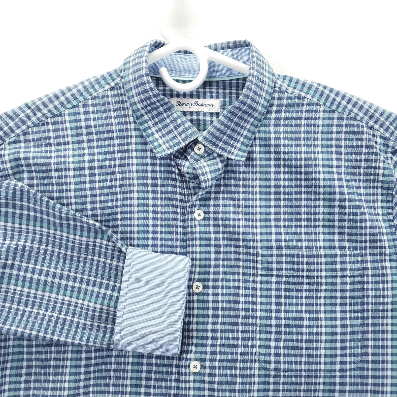 Tommy Bahama Shirt Mens Large Blue Check Long Sleeve Button Front Flip Cuff