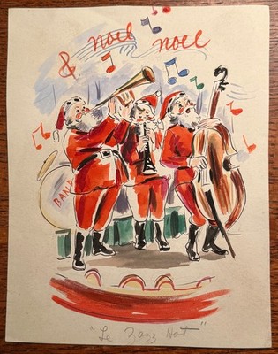 Santa Original Art Drawing Santas Playing Playing Jazz Instruments 1930s