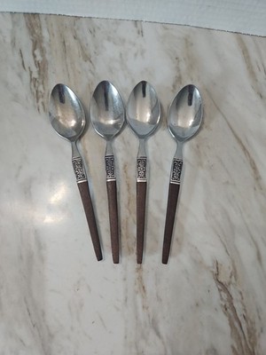 4 EKCO ETERNA LA JOYA TEASPOONS STAINLESS FAUX WOOD HANDLE 6.5  RETIRED