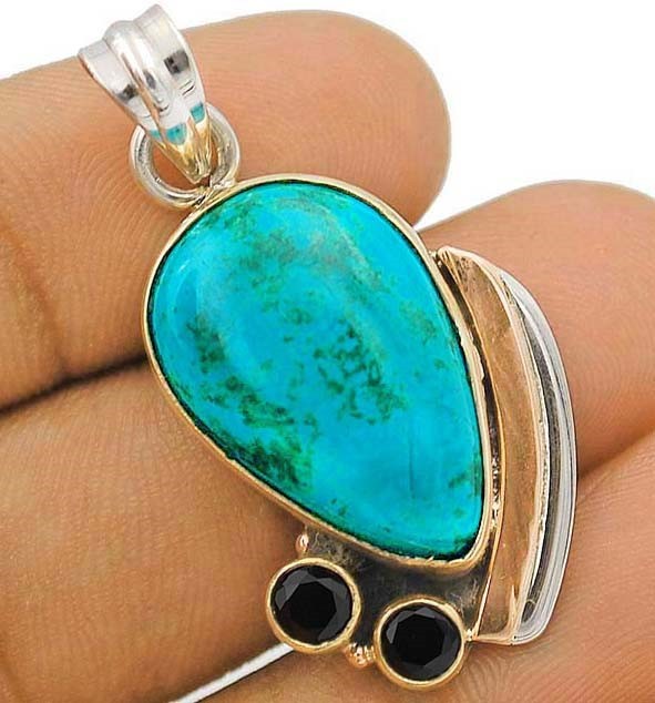 Natural Azurite In Chrysocolla & Tourmaline 925 Sterling Silver Pendant