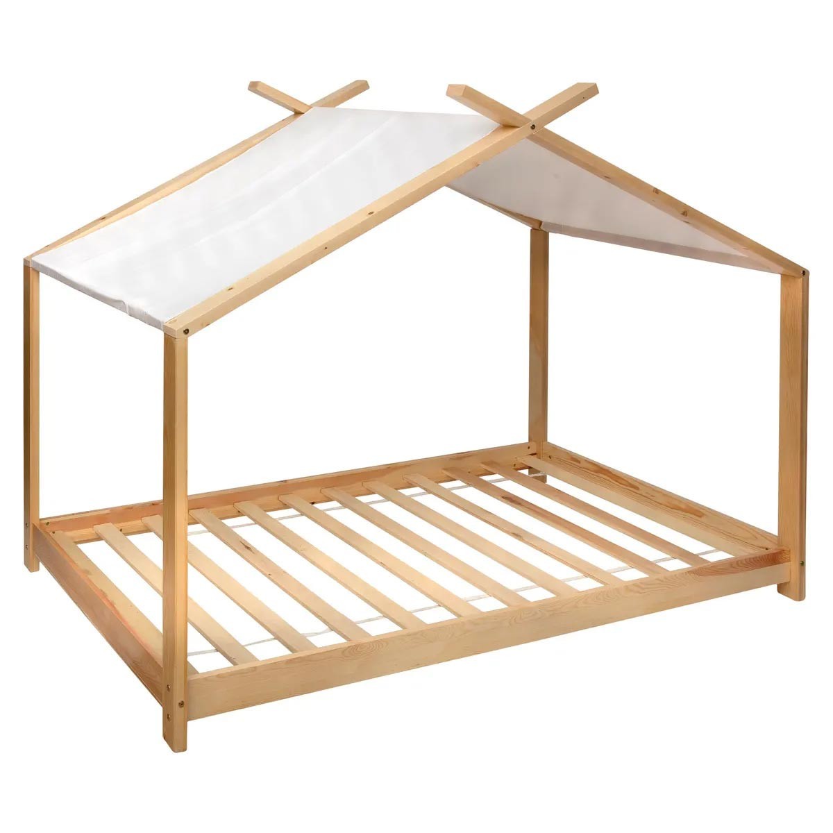 Lit Tente Enfant 90x190cm Cadre de Lit Cabane au Sol Bois Naturel Style Scandinave Sweet Safari