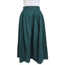 Vintage Skyr Green Plaid Cotton Midi Skirt USA High Waist Pleated Dark Academia