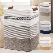Laundry Basket - 85L Large Cotton Rope Blanket Basket with Leather Handles, D...