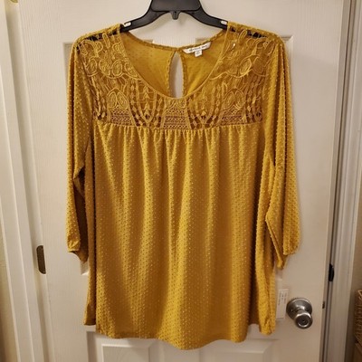 Zac and Rachel Woman 2X top 3/4 slv gold mustard texture lace boho fall peasant