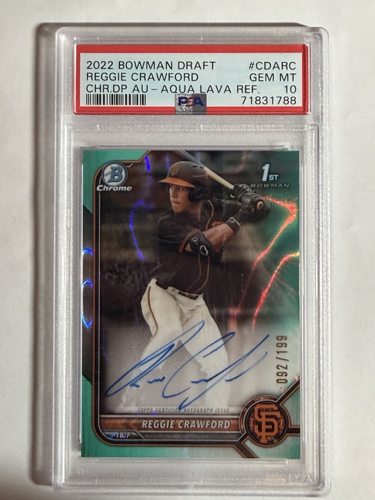 2022 Bowman Chrome 1st Aqua Lava Auto Reggie Crawford /199 PSA 10