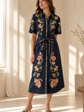 FARM RIO Maira Belted Floral Midi Dress Shirtdress Dark Navy Blue