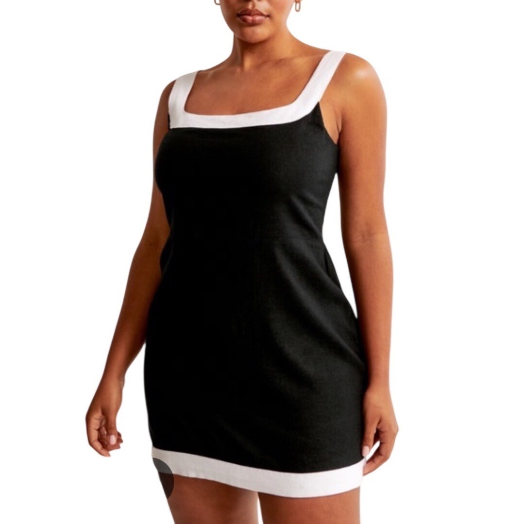 Abercrombie & Fitch Black White Linen Square Neck Mini Dress Medium Tall Preppy