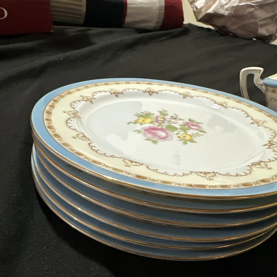 Bule Noritake pintado à mão Japão e tigela de açúcar e creme e 6 pratos do deserto - Imagem 3 de 4