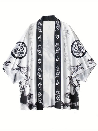 Cardigan kimono uomo asiatico giacca cappotto Yukata baggy top giapponese drago Haori - Foto 32 di 42