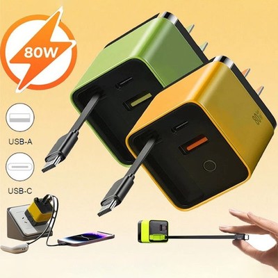 3 IN 1 GaN Ladegerät 80W Ladegerät mit Typ C Kabel 2 USB Ports Einziehbar