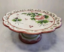 Rare Vintage Pink Pedestal Compote Lace Edge CakePlate Hand Painted Makers Stamp