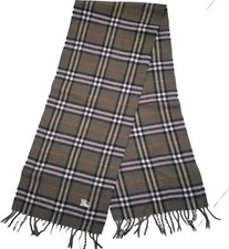 Burberry Green Wool Luxury Rectangle Vintahe Scarf Fringe Nova Check 11" x 59"