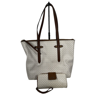 Fossil Felicity White &Brown PVC Shoulder Bag Tote Purse w/ Matching Wallet