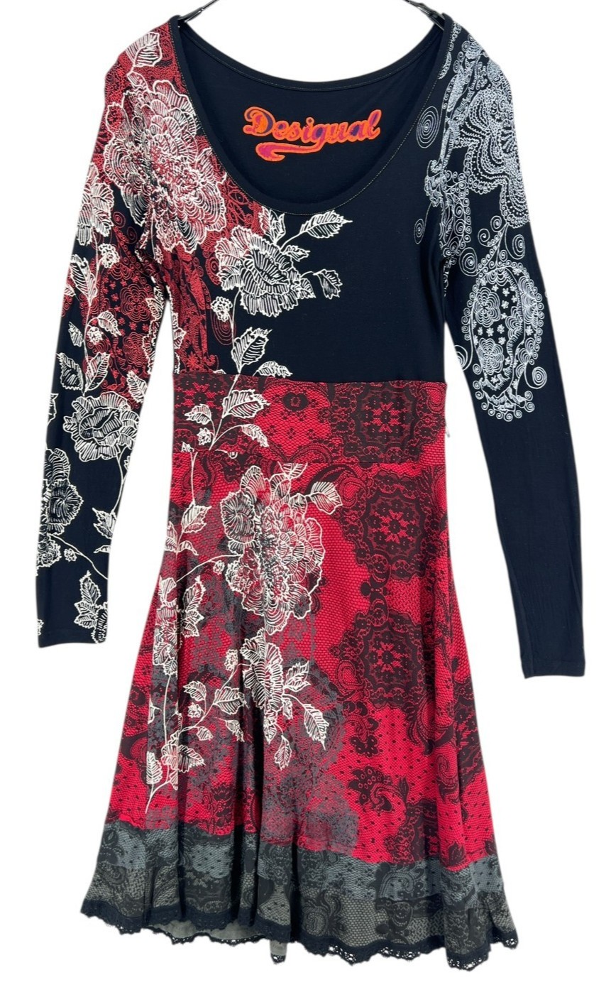 DESIGUAL Women Scoop Neck Long Sleeve Dress Floral Size M