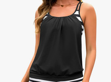 Blouse Style Racerback Tankini Swimsuit Top Womens XL Black White Stripe