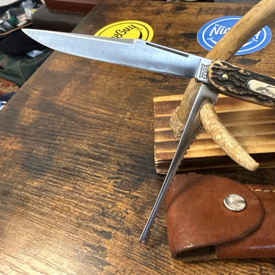 Vintage Schrade Walden Fish Knife Circa 1946-73 2 BLd. Staglon with sheath - Image 2 of 4
