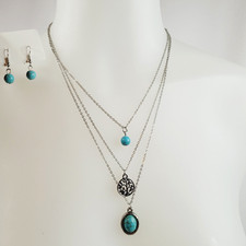 Silver Tone Necklace Earring Set Multilayer Faux Turquoise Stones Adjustable