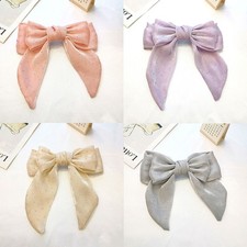 Barrettes Girl Horse Tail Solid Color Shiner Rhinestone Fabric Bow Spring Clip
