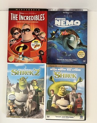 Kids DVD Bundle Shrek 1 2 Finding Nemo Incredibles Pixar Disney Lot of 4
