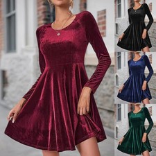Womens Velvet Long Sleeve Mini Dress Ladies Winter Evening Party Cocktail Dress
