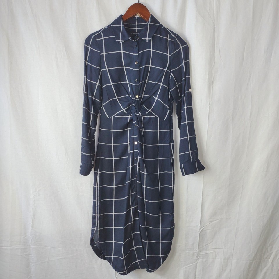 Forever New Shirt Dress Womens Size 4 Blue White Shirt Plaid Twist Knot Waist