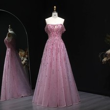 Elegant Pink A Line Evening Dress Off Shoulder Luxury Beaded Party Prom Dress