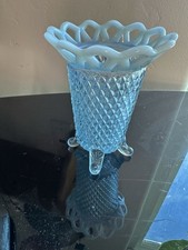 Blue Opalescent Glass Vase with Diamond Pattern and Ruffled Edge, Glossy Finish