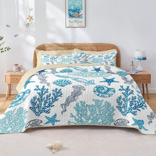 Quilt Set Full/Queen Size, Ocean Beach Nature 3 Pcs Soft Bed Cover Bedding Set,