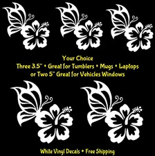 Butterfly Hibiscus Flower White Vinyl Decal Vehicle windows Door Bumper Tumbler
