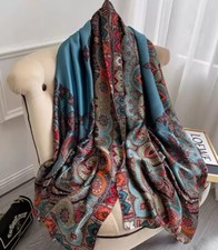 Sky Blue Red Paisley Scarf Luxury Art Design  Ladies Long Neck Large Shawl Scarf