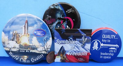 NASA BUTTON Lot of 4 vtg '80s / 90s QUALITY Symbols FREEDOM Space Shuttle LAUNCH