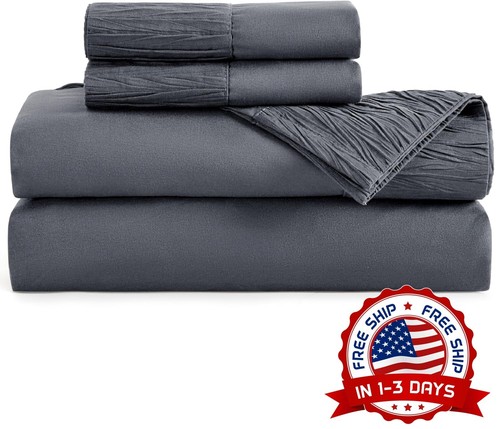 Juego De Sabanas Gris Oscuro Queen Size 100% Algodon Suave 4 Piezas En Oferta US - Picture 7 of 8