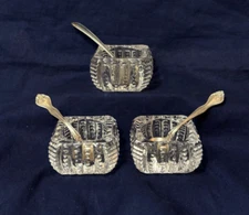 Antique Cut Glass Salt Cellars & 13.15G Sterling Silver Spoons 3 Open Salt Dips