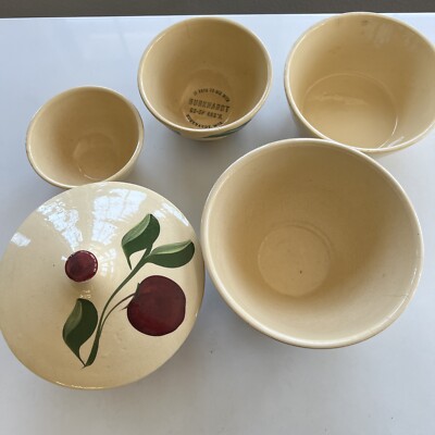 ベルギー トゥルネー窯のティー・ボウル Early Vintage 1 Wattware & 2 Oven Ware Stoneware Mixing Bowls 6