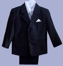 BOYS BLACK WEDDING RING BOY SUIT TUXEDO W/ SILVER VEST SIZE 1