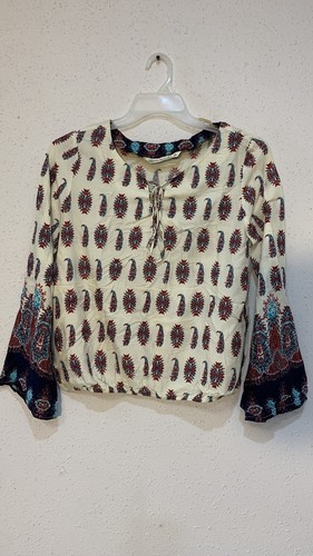 Hippie Laundry Womens Small Top Bell Long Sleeve Paisley Cream Turquoise Boho