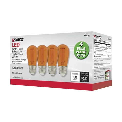 4 Pack Satco S8026 LED Filament 120V 1W =11W S14 Medium E26 Transparent Orange - Picture 5 of 7
