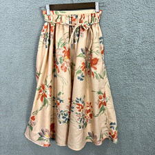Vtg Glen of Michigan XS Beige Floral Prairie Boho Cottage Midi Skirt Tie Waist