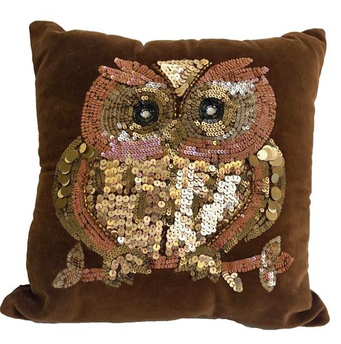 Pier 1 Imports Beaded Owl Accent Pillow Brown Sequins Rhinestone Eyes 14x14 Inch