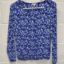 Vintage Esprit Womens Size 4 Long Sleeve Blouse Top Scoop Neck Blue/Black Floral