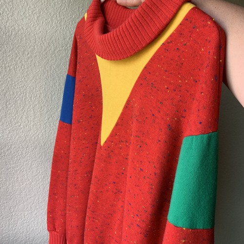Felpa vintage anni 80 90 girocollo M/L rossa geometrica pile maglione forte primario - Foto 6 di 9