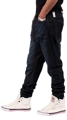 Nappy Boy Men's Dark Wash Drop Crotch Tapered Denim Jeans 100% Cotton Streetwear - Picture 2 of 3